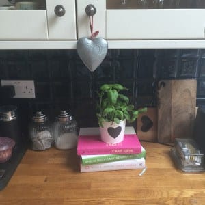 white units, oak work tops, herbs in pots, cook books