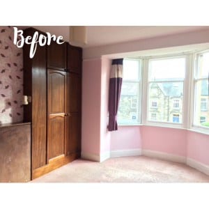 Bedroom refurb, pink walls, oak wardrobes