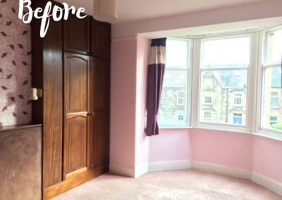 Bedroom refurb, pink walls, oak wardrobes