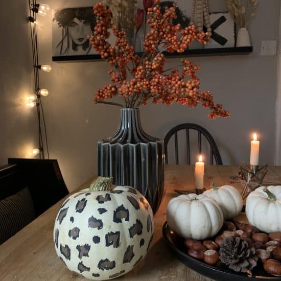 Dining table, leopard print pumpkin display